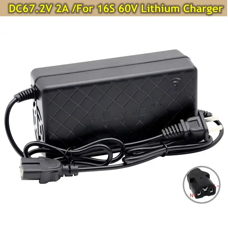 Smart 60V 16S Lithium Charger 67.2V 2A for 10Ah 12Ah 14Ah 20Ah Battery with power cables