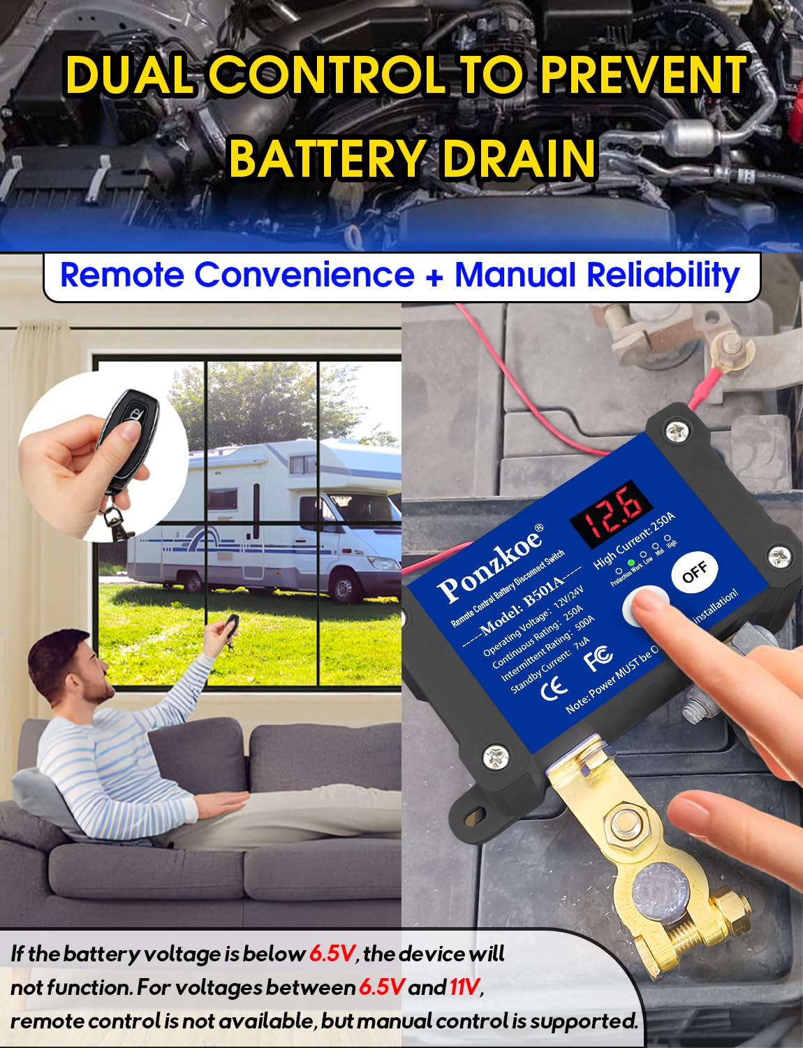 250A Smart Remote Battery Disconnect Switch - Quick Kill Switch for Cars, Marine, RVs, and More