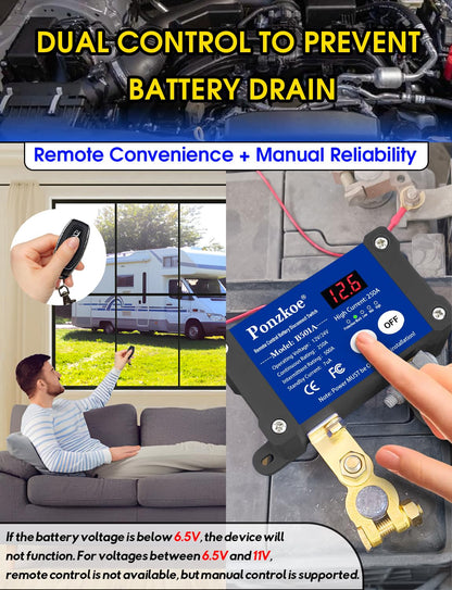 250A Smart Remote Battery Disconnect Switch - Quick Kill Switch for Cars, Marine, RVs, and More