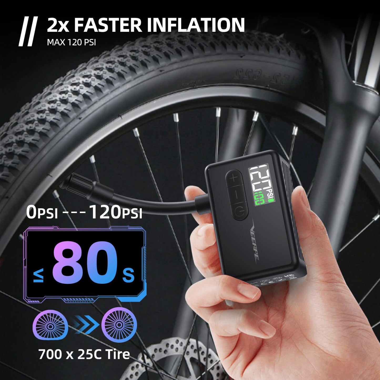 VEEAPE Tiny Pump Mini Bike Tire Pump - Max 120PSI Portable Electric Bicycle Air Pump with Auto Stop - Ideal for E-Bikes and Various Bicycles