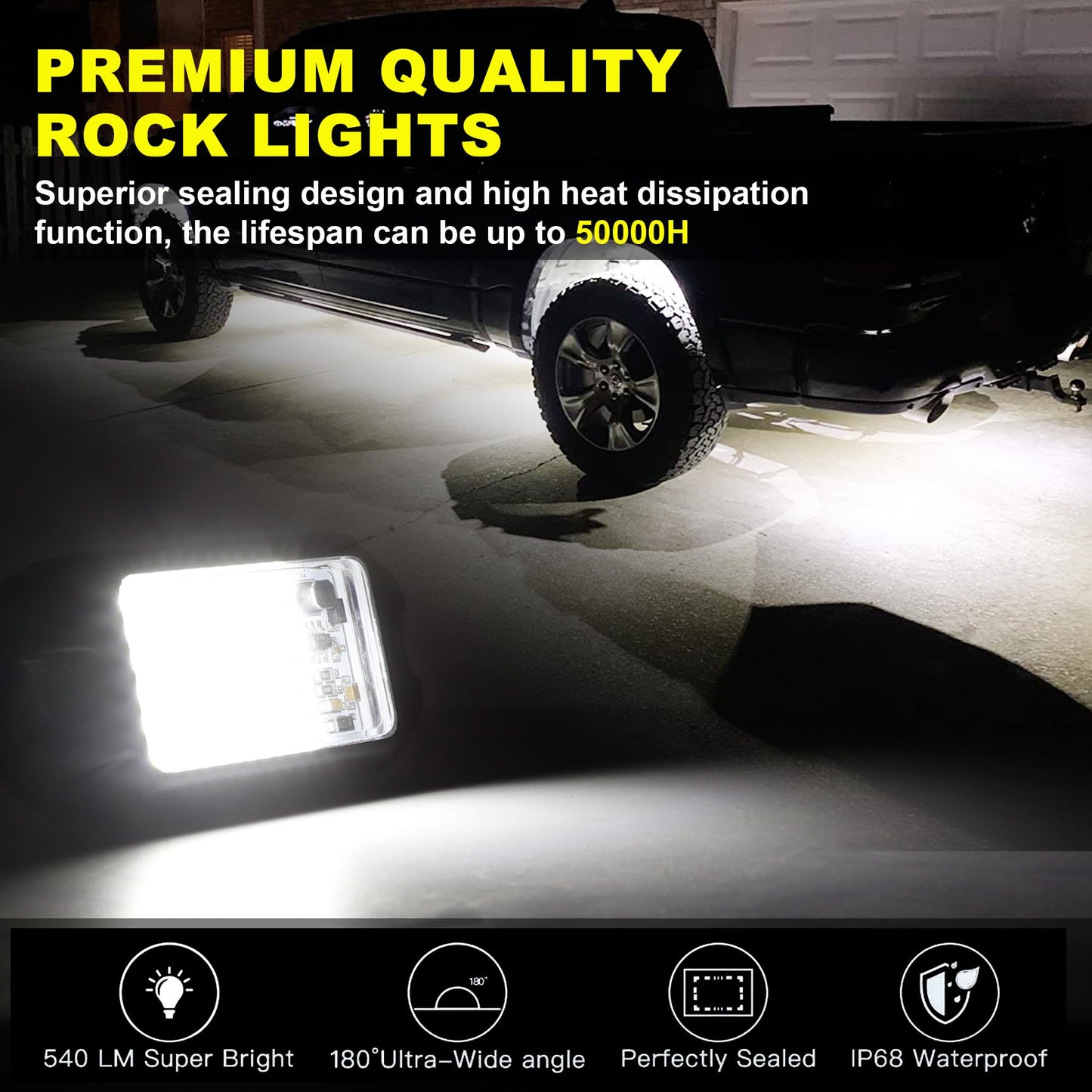 Nicoko 4Pods Pure White 72W High Power Rock Lights - Super Bright LED Underglow for Offroad Vehicles