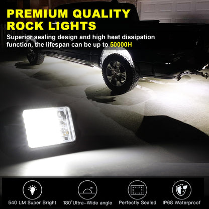 Nicoko 4Pods Pure White 72W High Power Rock Lights - Super Bright LED Underglow for Offroad Vehicles