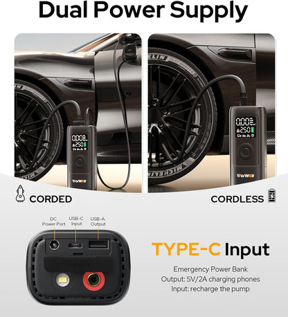 WARWOLF 160PSI Tire Inflator Portable Air Compressor - 48LPM Fast Air Pump for Car Tires: SUV, Light Truck, Motorcycle, Bike, 10000mAh with Auto Shut-Off, Digital Gauge, 12V Car Adapter, LED Light