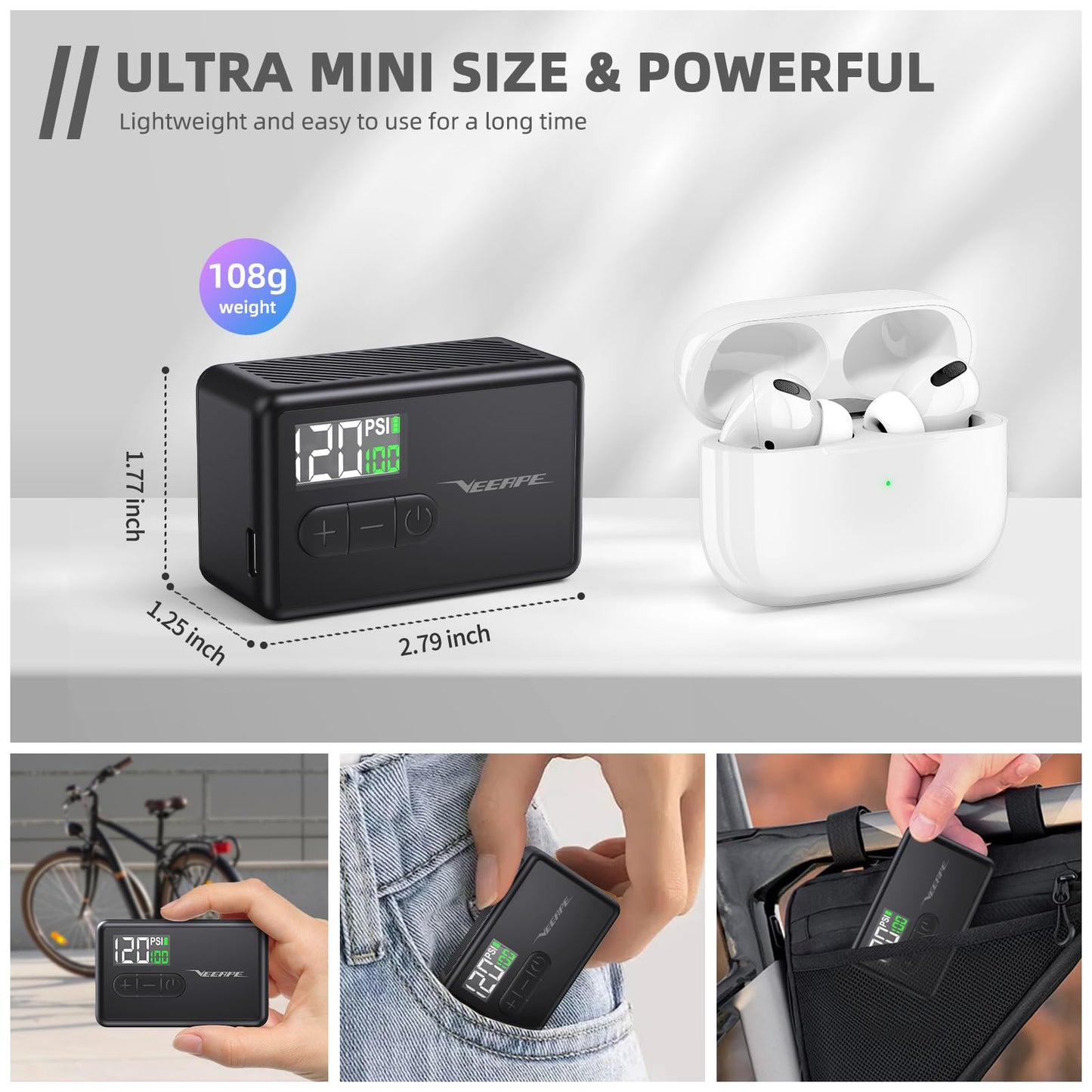 VEEAPE Tiny Pump Mini Bike Tire Pump - Max 120PSI Portable Electric Bicycle Air Pump with Auto Stop - Ideal for E-Bikes and Various Bicycles