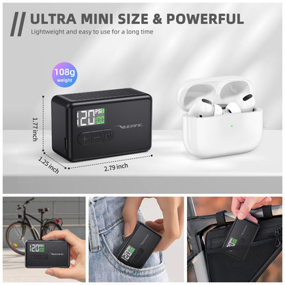 VEEAPE Tiny Pump Mini Bike Tire Pump - Max 120PSI Portable Electric Bicycle Air Pump with Auto Stop - Ideal for E-Bikes and Various Bicycles