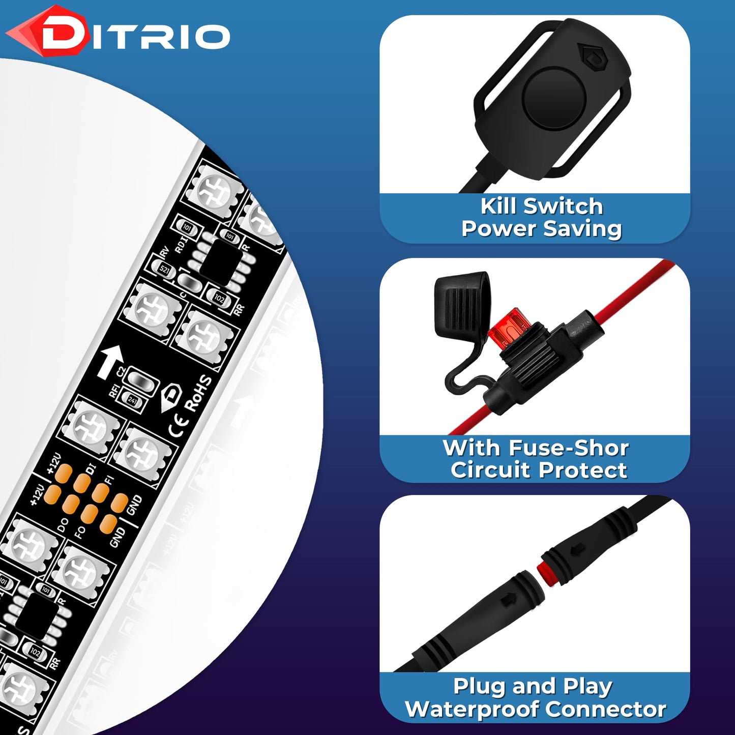DITRIO 12pcs Underglow RGB LED Strip Light Kit for Motorcycles, Golf Carts, and ATVs