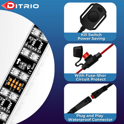 DITRIO 12pcs Underglow RGB LED Strip Light Kit for Motorcycles, Golf Carts, and ATVs