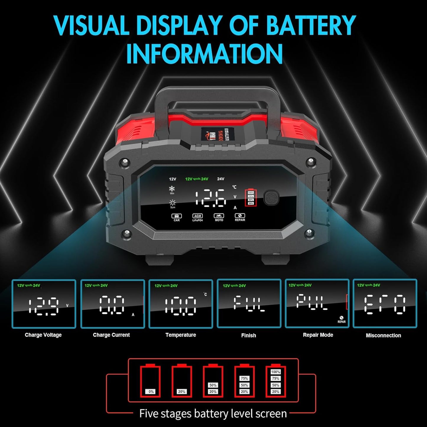 YONHAN 20A Battery Charger - Fully Automatic 12V/24V LiFePO4 & Lead Acid Maintainer