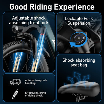 Aairsk GT300 750W Electric Bike for Adults, 24" 26" 40+ Mile Commuter Ebike, Removable Battery, NFC Unlock, 7-Speed Shimano, Suspension Fork