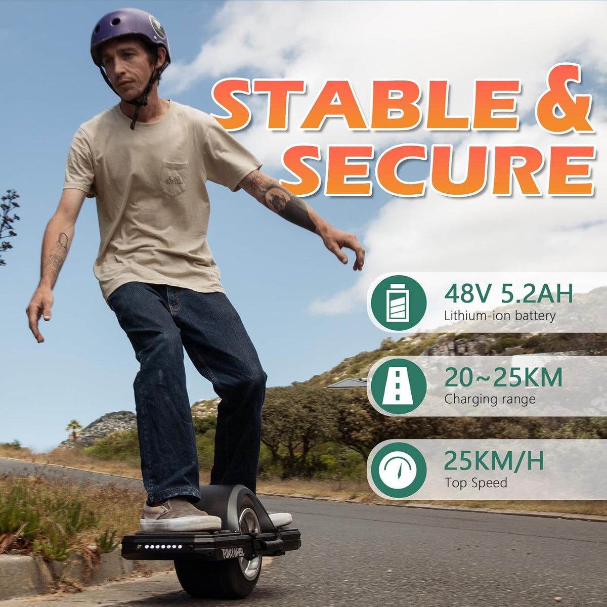   FUNKYWHEEL Urban Electric Unicycle 48V 5.2Ah – Long Range 15 Miles, Waterproof One-Wheel Scooter for Adults