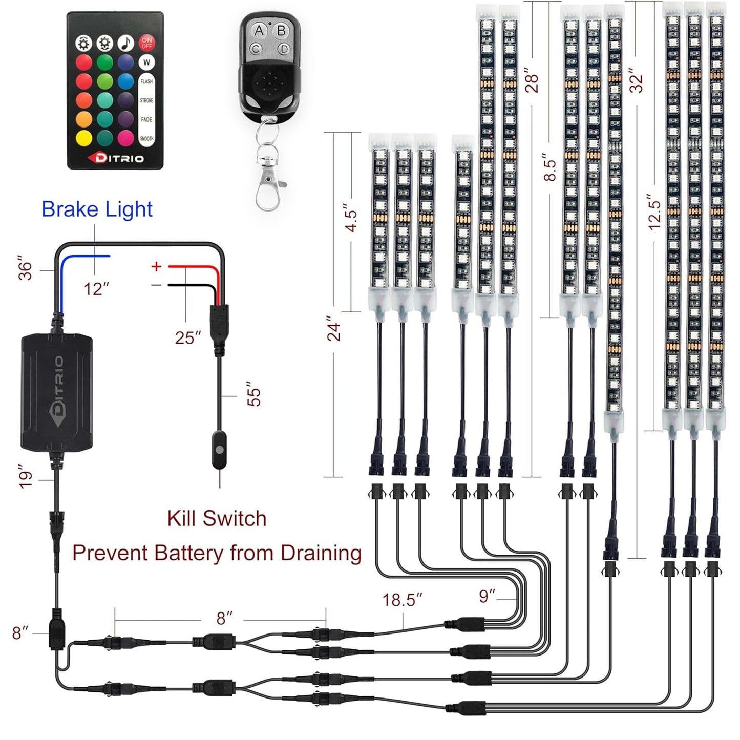 DITRIO 12pcs Underglow RGB LED Strip Light Kit for Motorcycles, Golf Carts, and ATVs