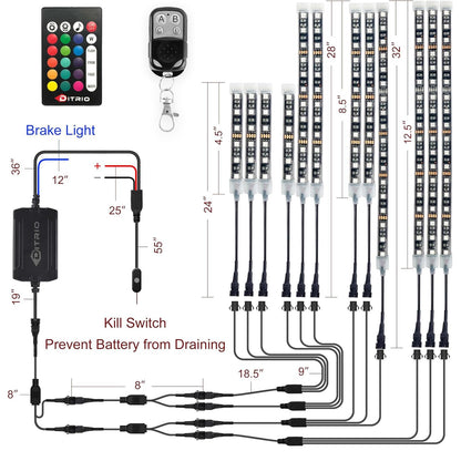 DITRIO 12pcs Underglow RGB LED Strip Light Kit for Motorcycles, Golf Carts, and ATVs