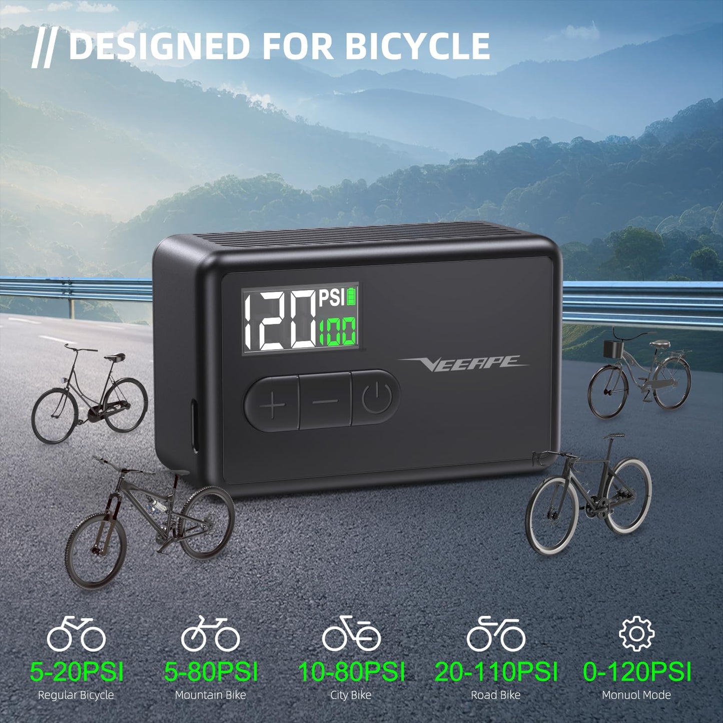 VEEAPE Tiny Pump Mini Bike Tire Pump - Max 120PSI Portable Electric Bicycle Air Pump with Auto Stop - Ideal for E-Bikes and Various Bicycles