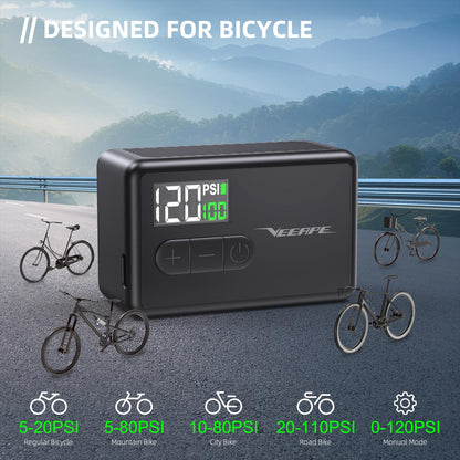 VEEAPE Tiny Pump Mini Bike Tire Pump - Max 120PSI Portable Electric Bicycle Air Pump with Auto Stop - Ideal for E-Bikes and Various Bicycles