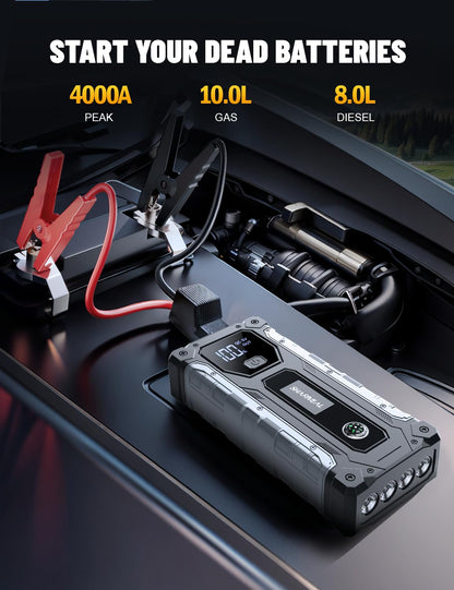 Car Jump Starter 4000A - Portable Jump Starter Battery Pack for 10.0L Gas & 8.0L Diesel Engines