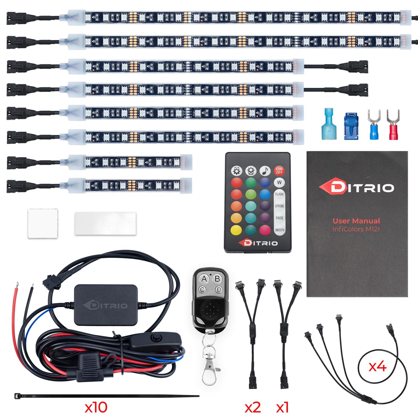 DITRIO 12pcs Underglow RGB LED Strip Light Kit for Motorcycles, Golf Carts, and ATVs