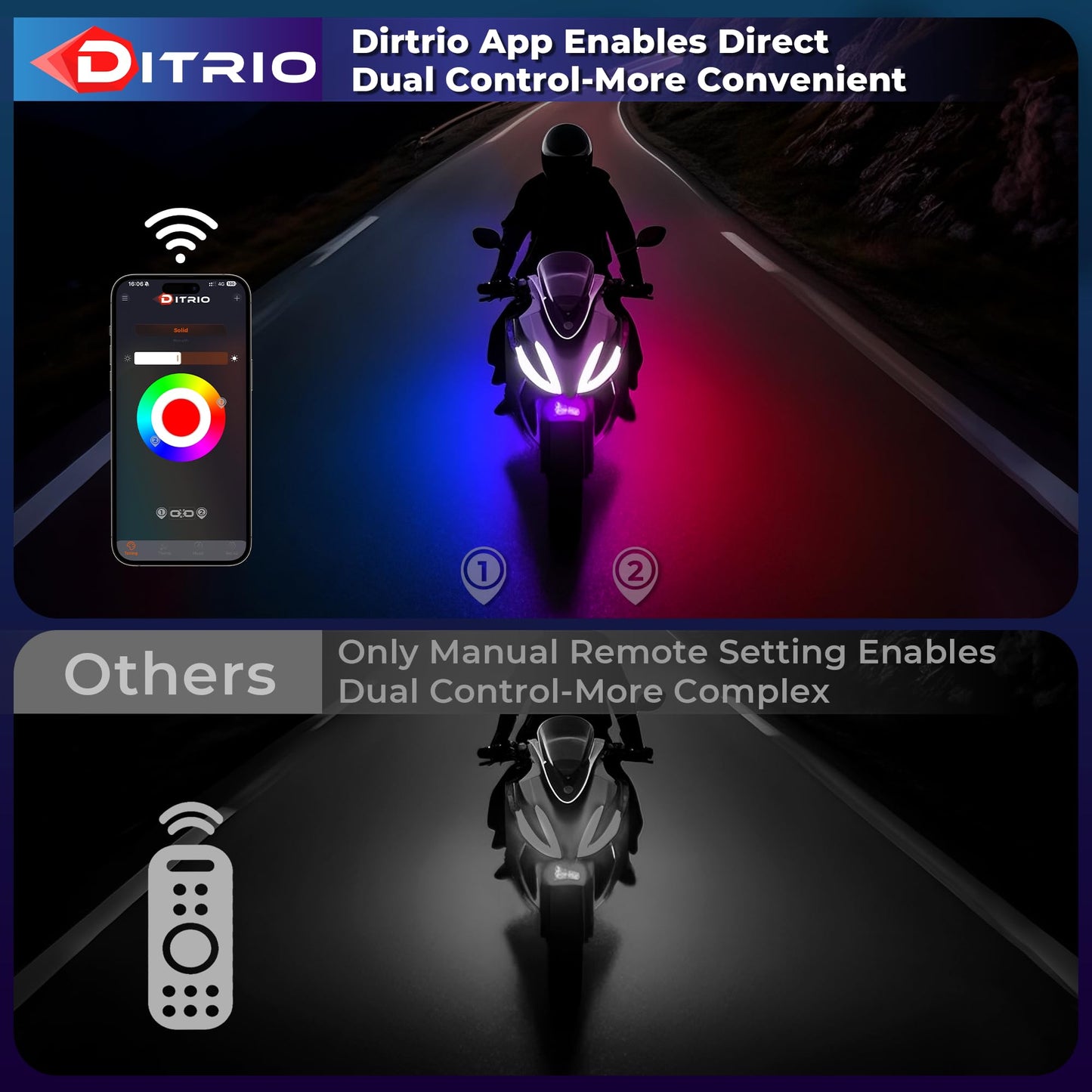 DITRIO 12pcs Underglow RGB LED Strip Light Kit for Motorcycles, Golf Carts, and ATVs