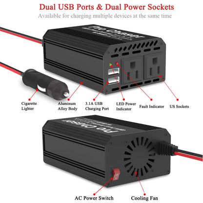 Pro Chaser 400W Car Power Inverter – 12V DC to 110V AC with Dual USB Charging Ports