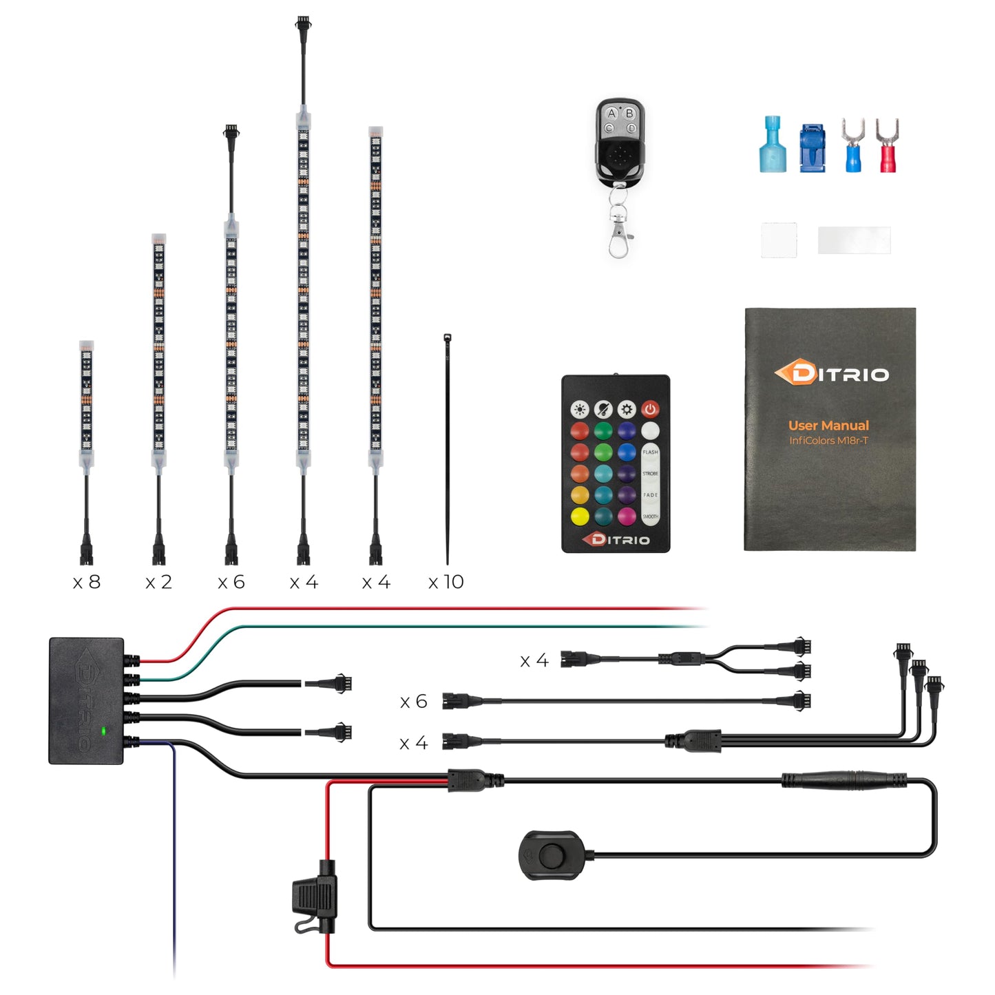 DITRIO 12pcs Underglow RGB LED Strip Light Kit for Motorcycles, Golf Carts, and ATVs
