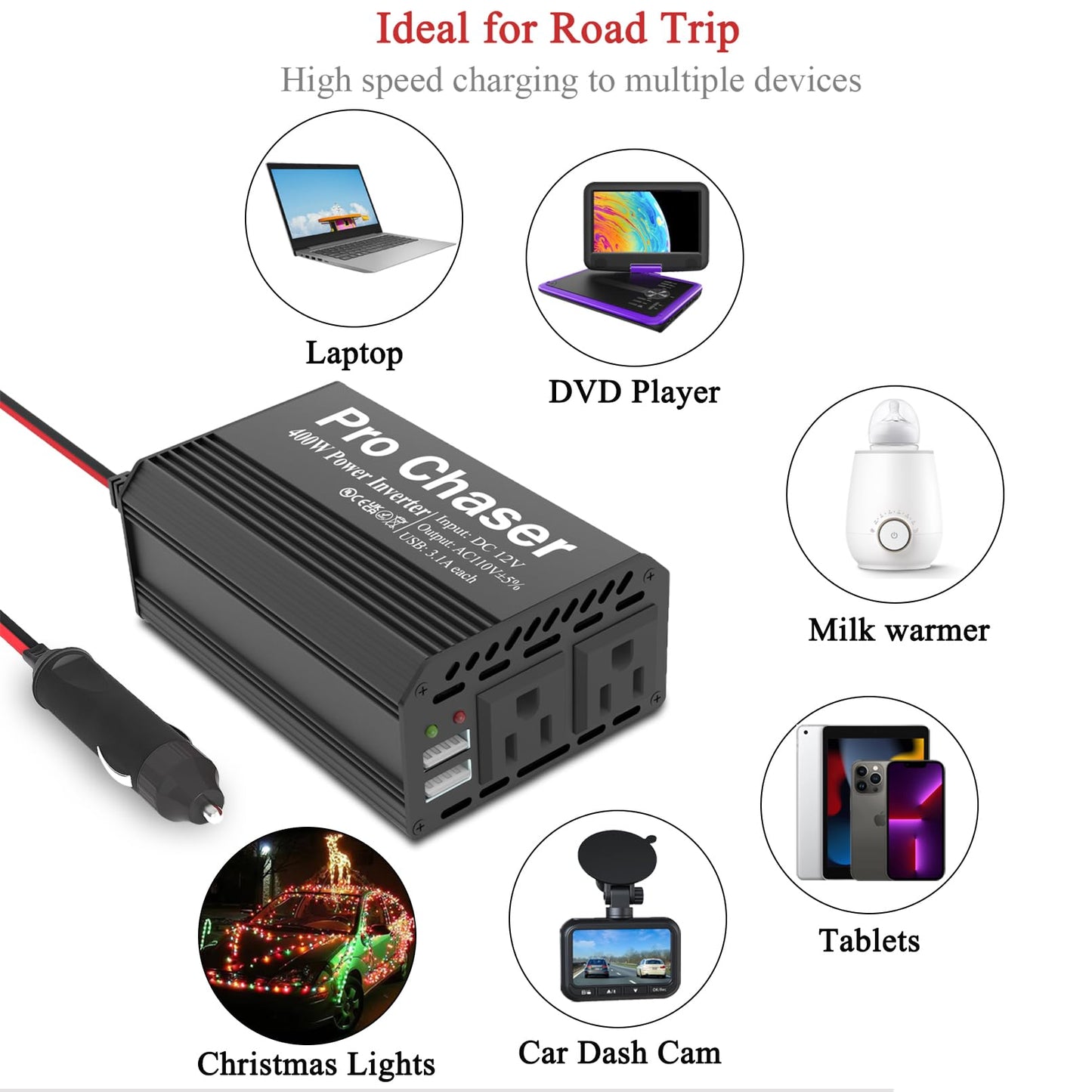 Pro Chaser 400W Car Power Inverter – 12V DC to 110V AC with Dual USB Charging Ports
