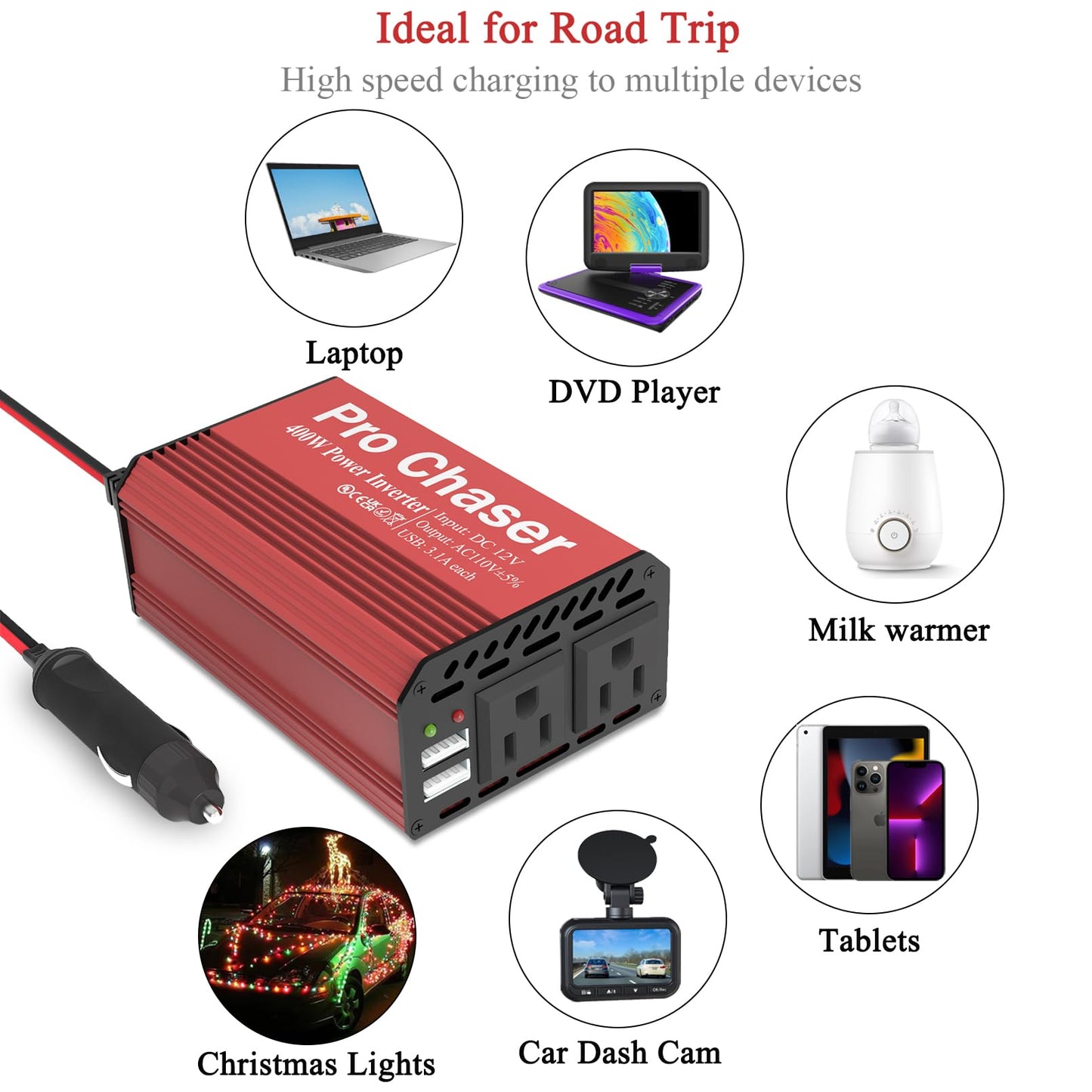Pro Chaser 400W Car Power Inverter – 12V DC to 110V AC with Dual USB Charging Ports