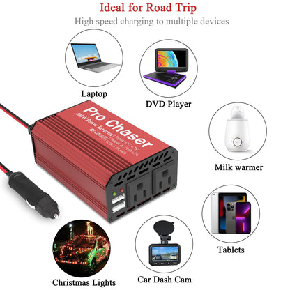 Pro Chaser 400W Car Power Inverter – 12V DC to 110V AC with Dual USB Charging Ports