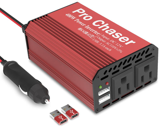 Pro Chaser 400W Car Power Inverter – 12V DC to 110V AC with Dual USB Charging Ports