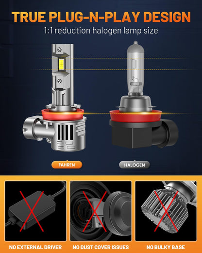 Forenner Fahren Upgraded H11/H9/H8 Bulbs - 40000LM, 900% Brighter, 6500K Cool White, Plug-N-Play with Cooling Fan