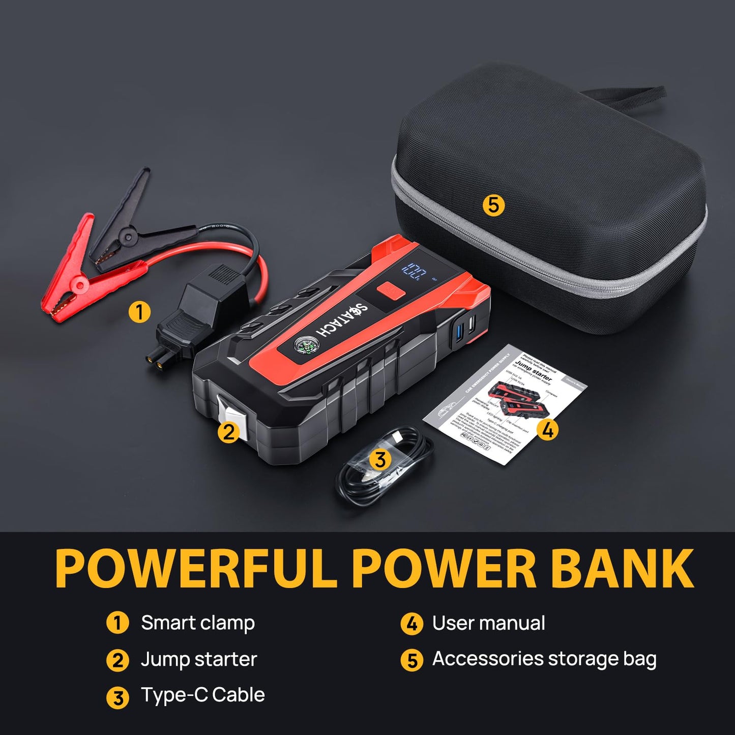 Scatach 011 5000A Car Battery Jump Starter,12V Jump Starter Battery Pack (up to 14.0L Gasoline and 12.0L Diesel Engine) Flashlight and Jumper Cable