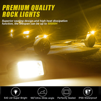Nicoko 4Pods Pure White 72W High Power Rock Lights - Super Bright LED Underglow for Offroad Vehicles