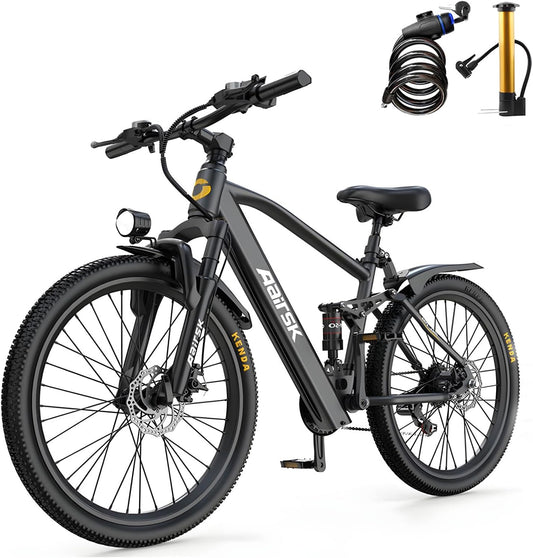 GT900 Electric Bike Black, 24/26 Inch, 750W Peak Motor, 28MPH, Full Suspension, Removable 13Ah/20Ah Battery