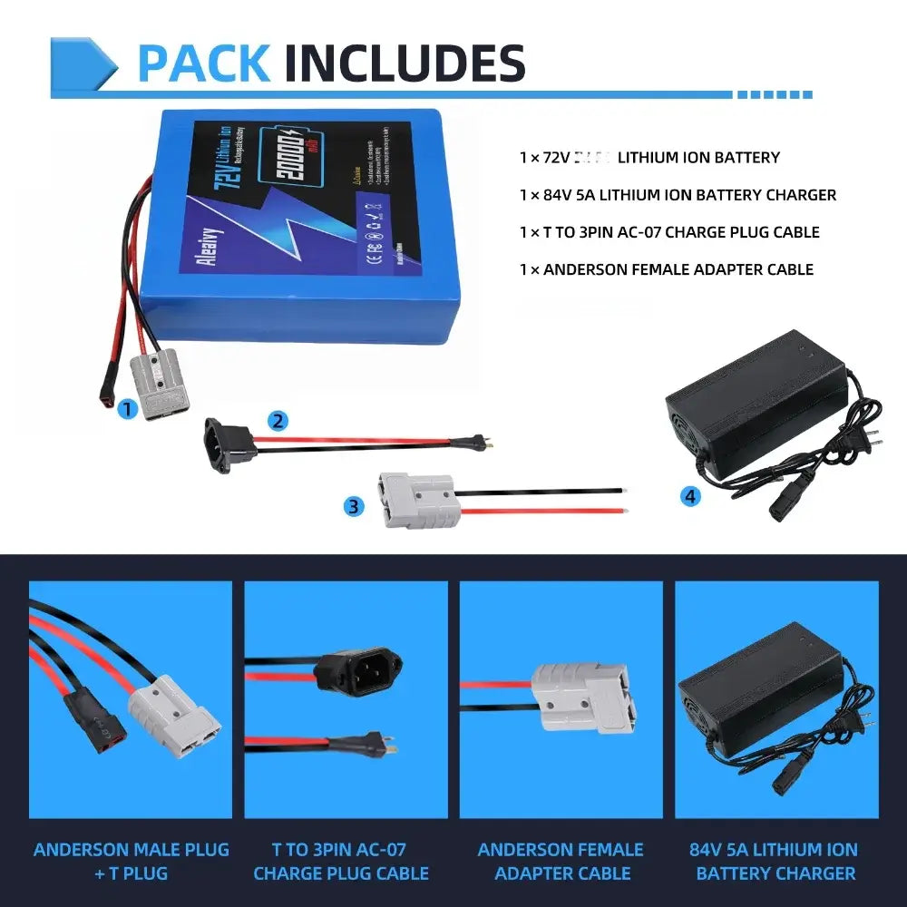 72V E-Bike Battery - 20Ah 30Ah Lithium-ion Pack for 500W-3000W Electric Scooter & Motorcycle, pack includes charger and cables.