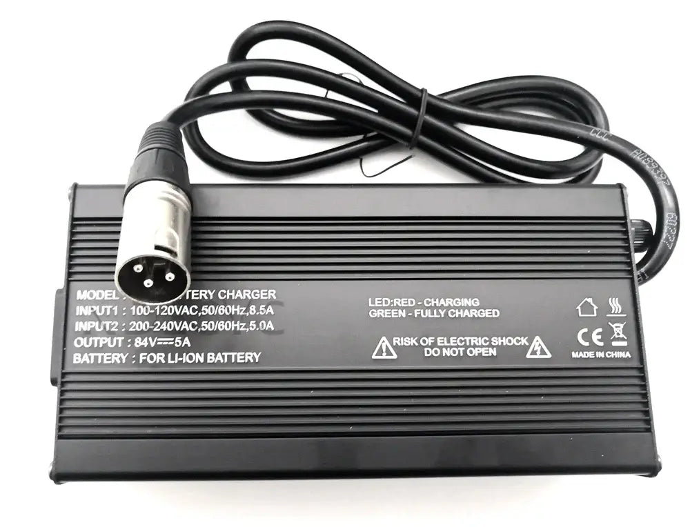 84V 5A/10A Smart Lithium Charger for 72V Li-ion Battery XLR Plug Connector with LED indicators and cable.
