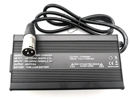 84V 5A/10A Smart Lithium Charger for 72V Li-ion Battery XLR Plug Connector with LED indicators and cable.