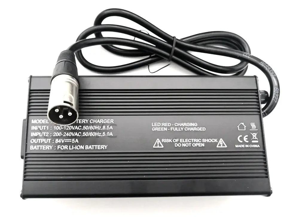84V 5A/10A Smart Lithium Charger for 72V Li-ion Battery XLR Plug Connector with LED indicators and cable.