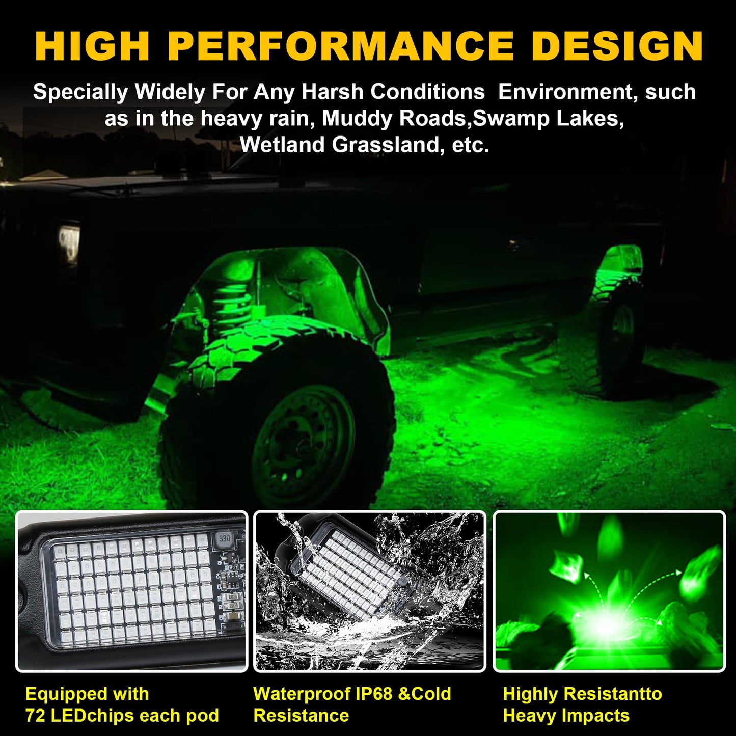 Nicoko 4Pods Pure White 72W High Power Rock Lights - Super Bright LED Underglow for Offroad Vehicles