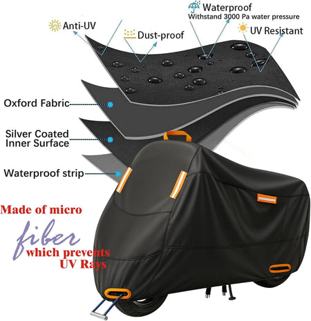 Ugne Waterproof Motorcycle Cover Outdoor Motorbike Scooter & Moped Cover with Reflective Strips, Lock Holes & Buckles, Sunproof Rainproof Dustproof (XXL)