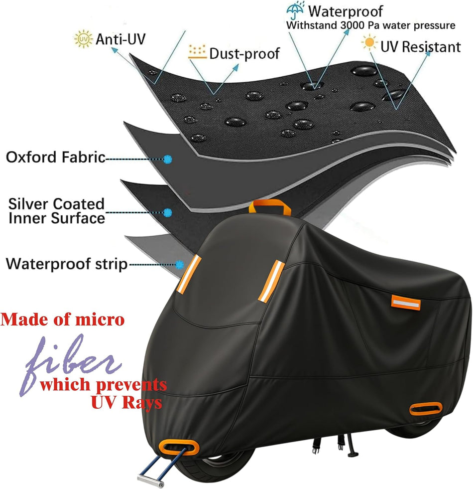 Ugne Waterproof Motorcycle Cover Outdoor Motorbike Scooter & Moped Cover with Reflective Strips, Lock Holes & Buckles, Sunproof Rainproof Dustproof (XXL)
