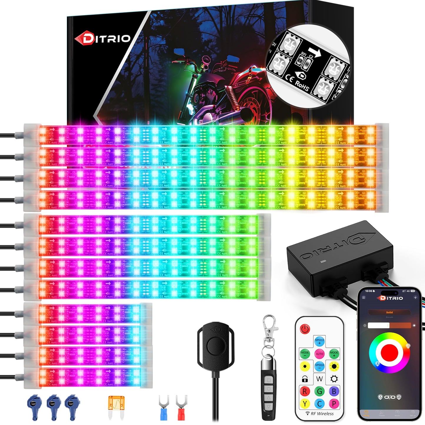DITRIO 12pcs Underglow RGB LED Strip Light Kit for Motorcycles, Golf Carts, and ATVs