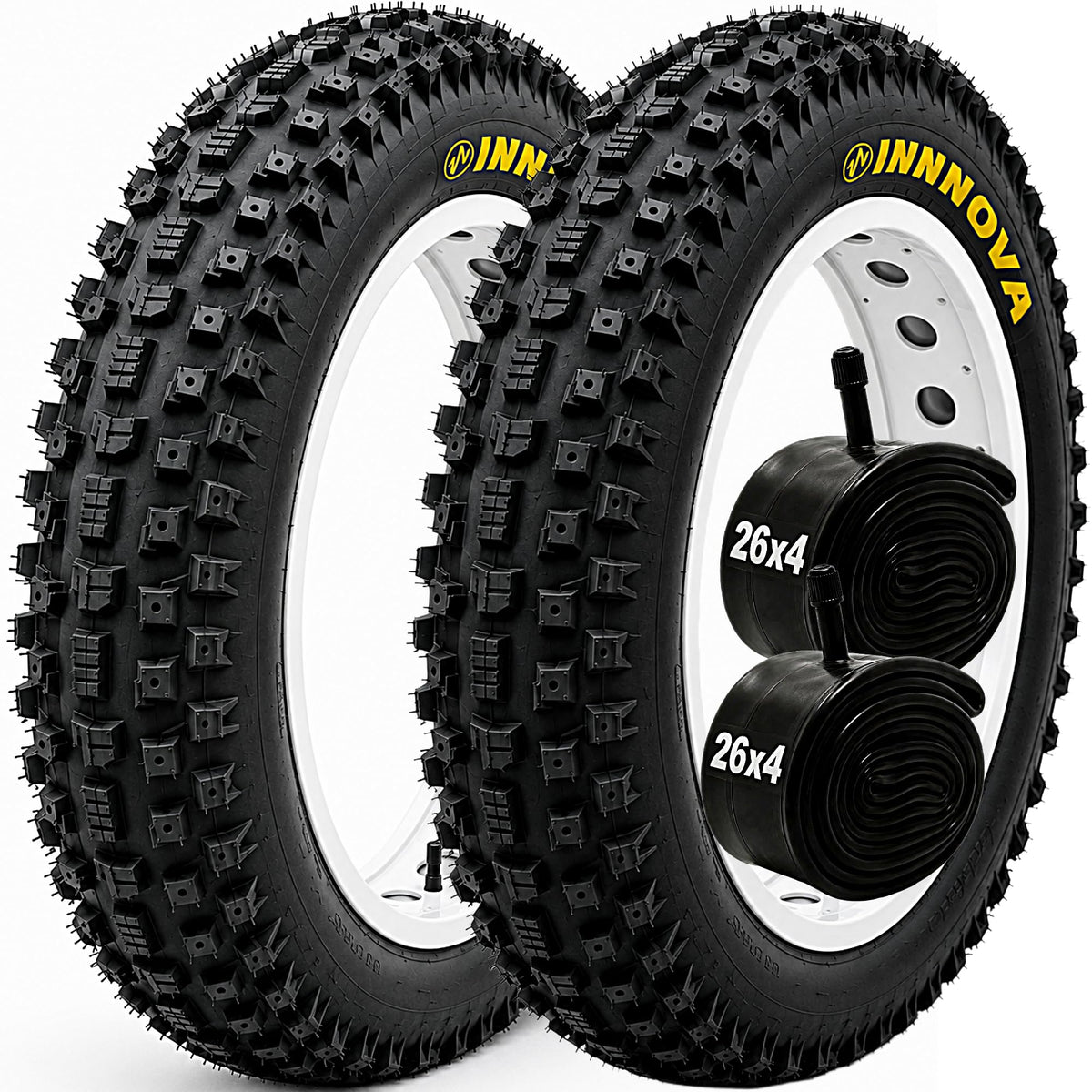 Fat Bike Tire and Inner Tube Set, 20x4 or 26x4 All-Terrain Knobby E-Bike Tires with Schrader Valve Tubes, Heavy Duty Replacement Mountain, Snow, Beach and Off-Road