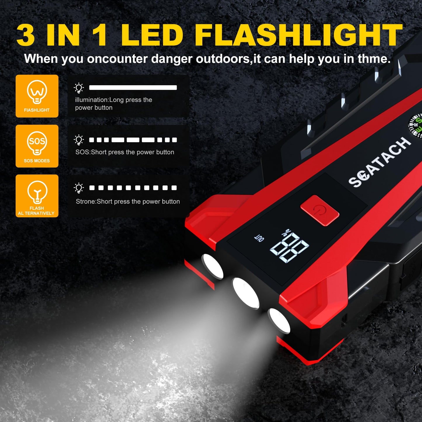 Scatach 011 5000A Car Battery Jump Starter,12V Jump Starter Battery Pack (up to 14.0L Gasoline and 12.0L Diesel Engine) Flashlight and Jumper Cable