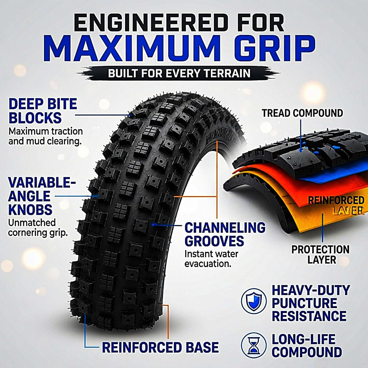 Fat Bike Tire and Inner Tube Set, 20x4 or 26x4 All-Terrain Knobby E-Bike Tires with Schrader Valve Tubes, Heavy Duty Replacement Mountain, Snow, Beach and Off-Road