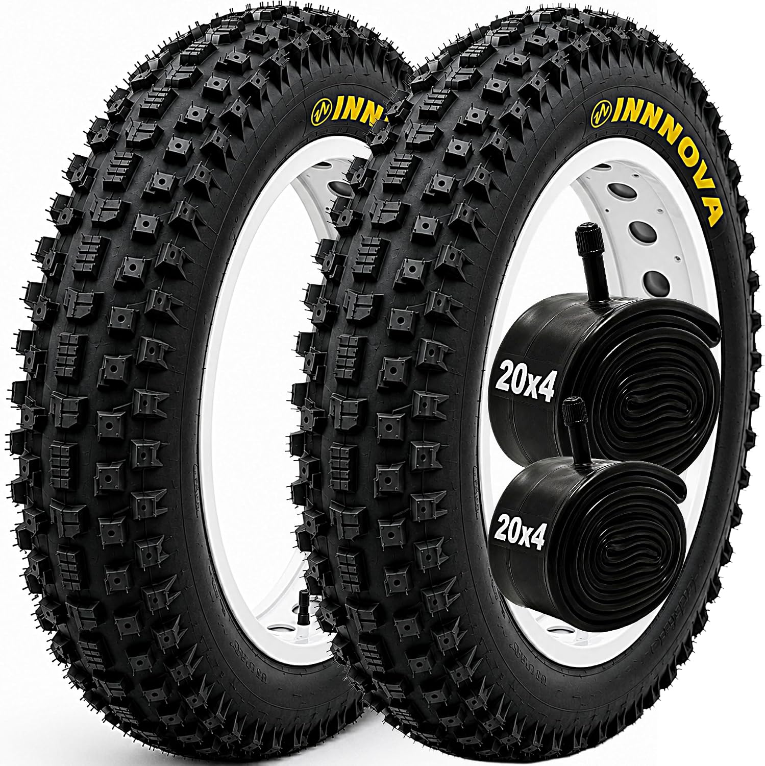 Fat Bike Tire and Inner Tube Set, 20x4 or 26x4 All-Terrain Knobby E-Bike Tires with Schrader Valve Tubes, Heavy Duty Replacement Mountain, Snow, Beach and Off-Road