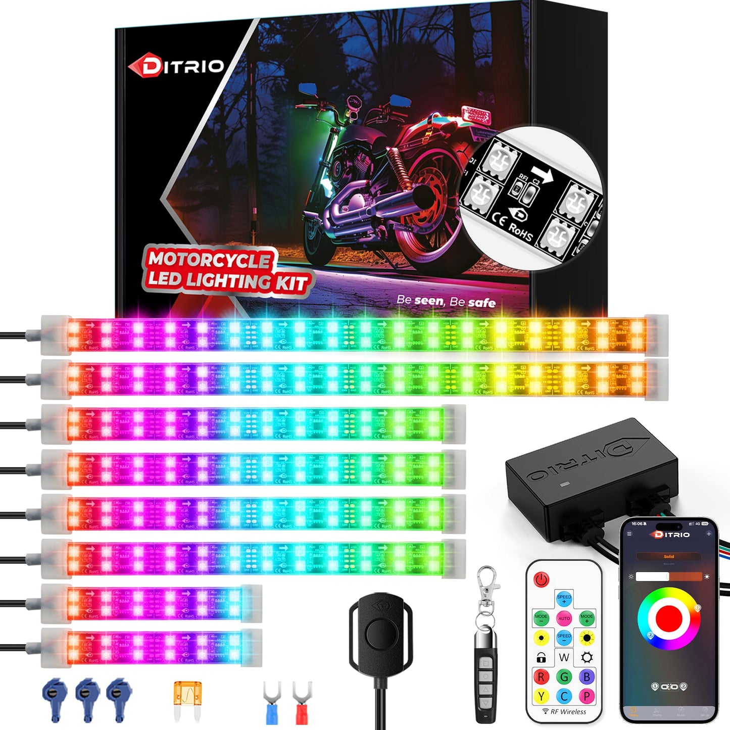 DITRIO 12pcs Underglow RGB LED Strip Light Kit for Motorcycles, Golf Carts, and ATVs