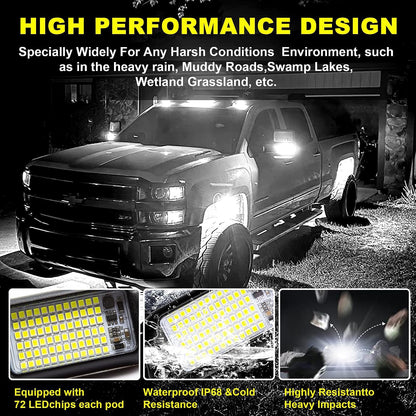 Nicoko 4Pods Pure White 72W High Power Rock Lights - Super Bright LED Underglow for Offroad Vehicles