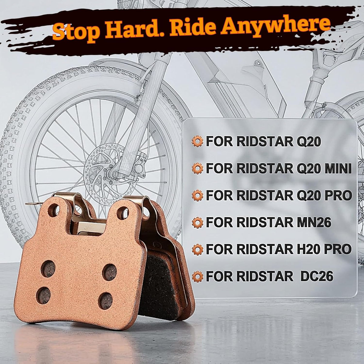 2 Pairs Copper Sintered E-Bike Disc Brake Pads for Ridstar Q20/Q20 Pro/H26 Pro All-Metal Low Noise High Heat Resistance Strong Bite Front & Rear Set