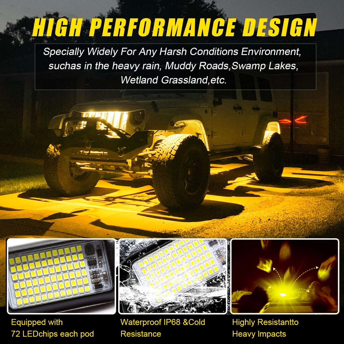 Nicoko 4Pods Pure White 72W High Power Rock Lights - Super Bright LED Underglow for Offroad Vehicles
