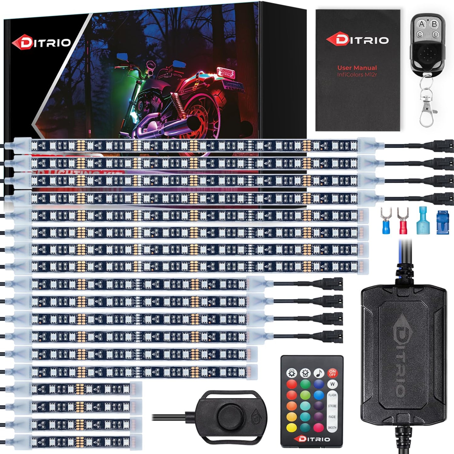 DITRIO 12pcs Underglow RGB LED Strip Light Kit for Motorcycles, Golf Carts, and ATVs