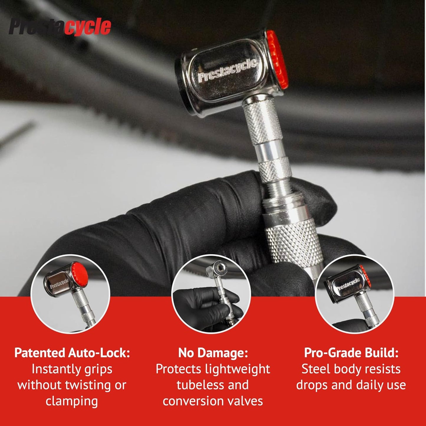 Prestacycle Presta Head – Auto-Lock Bicycle Tire Pump Head for Tubeless & Presta Valves