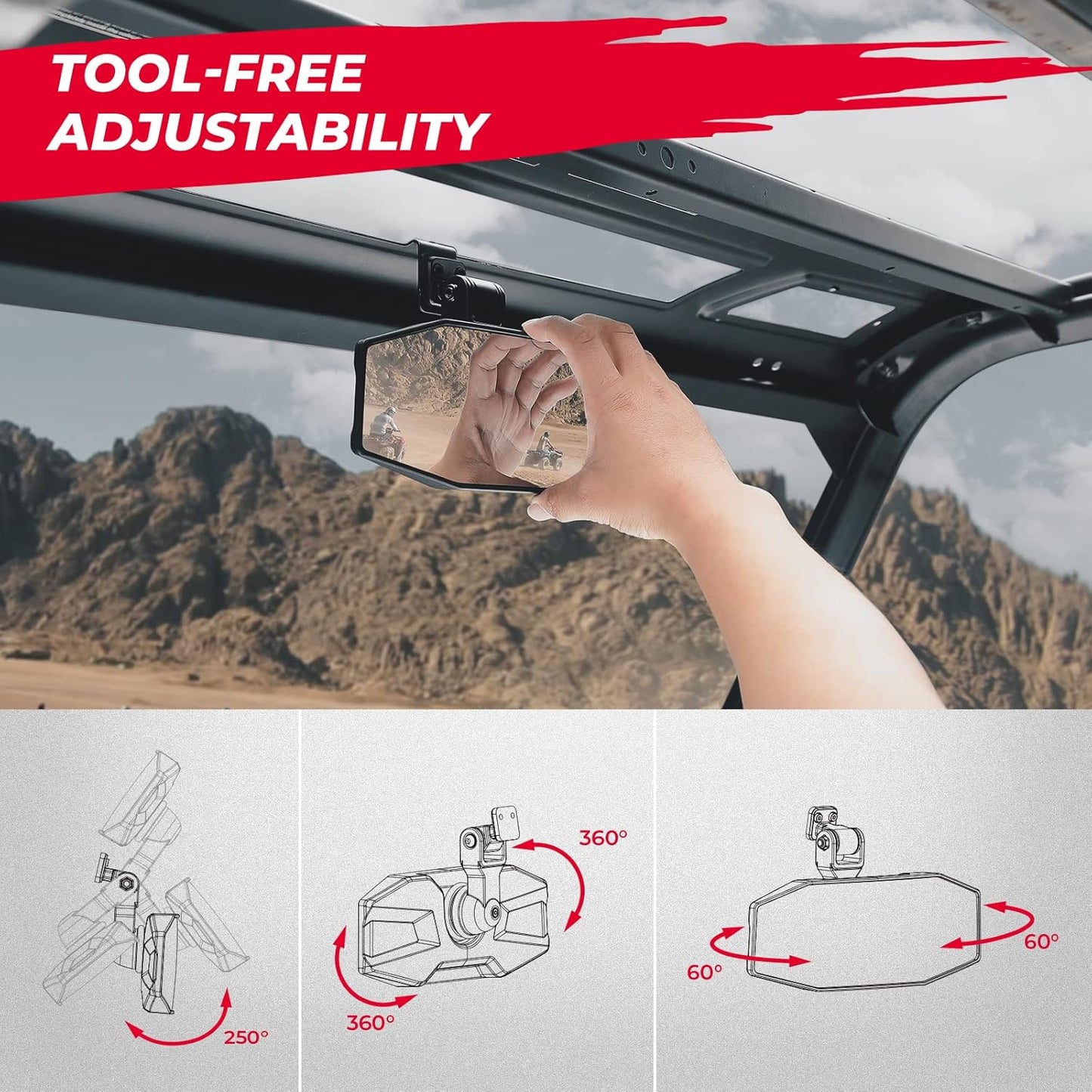 KEMIMOTO Tool-Free Adjustable Rear View Mirror for Polaris Ranger 1000 XP 900 500 570